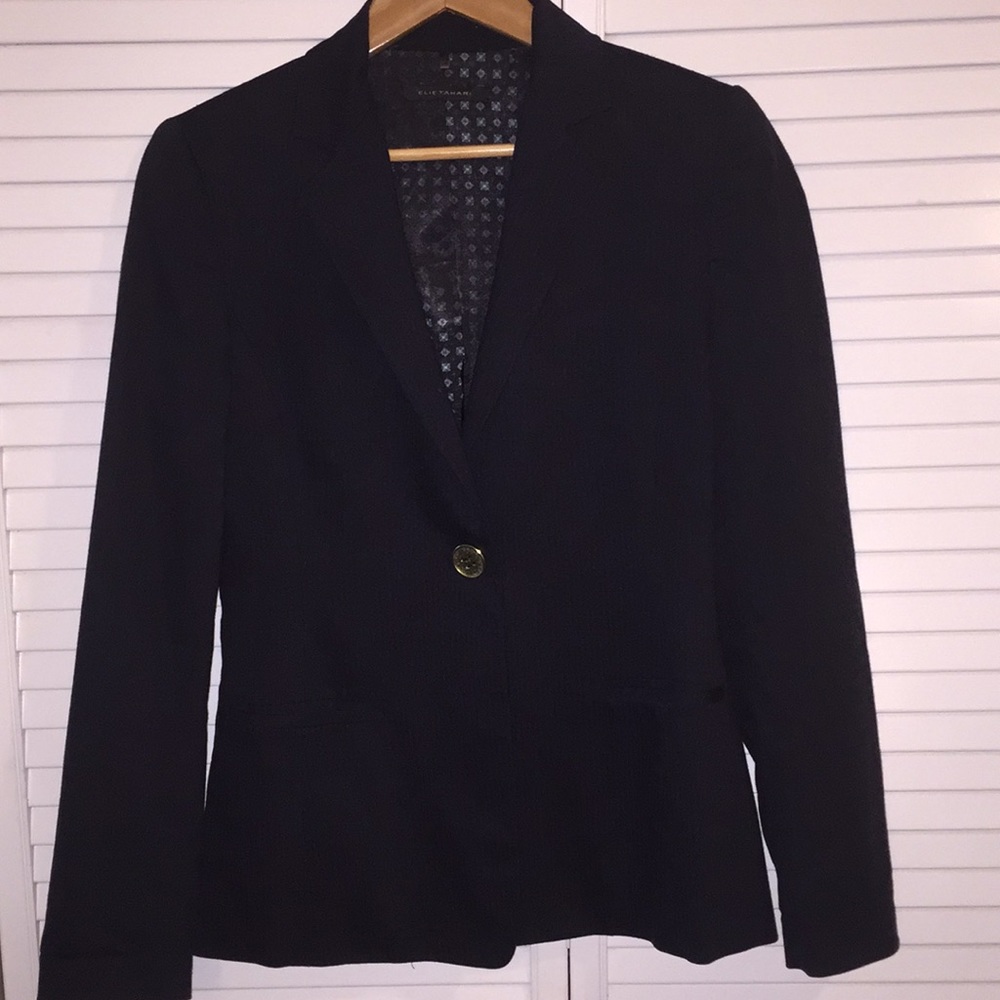 Elie Tahari navy herringbone virgin wool blazer